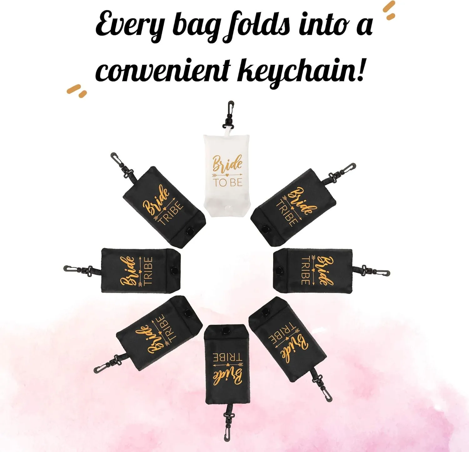 Pop Fizz Designs Bride Tribe Reusable Tote Bags | 12 Pack | 1 Bribe to Be Bag & 11 Bride Tribe Bags - Includes Matching Keychains | Perfect for Bachelorette Party Bags