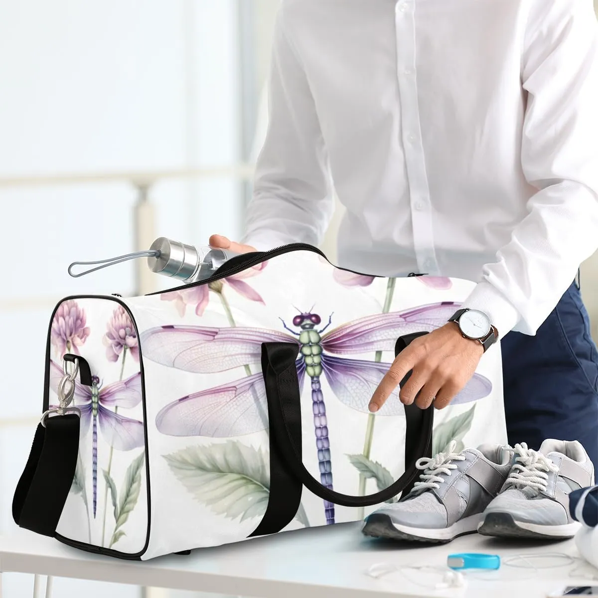 Pretty Dragonfly Travel Duffle Bag for Women Men Gym Duffel Foldable Bag Waterproof Weekender Colorful Floral Duffle Tote