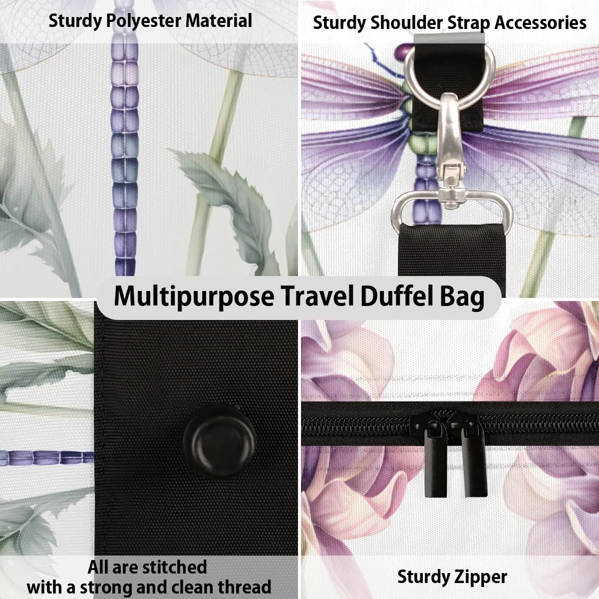 Pretty Dragonfly Travel Duffle Bag for Women Men Gym Duffel Foldable Bag Waterproof Weekender Colorful Floral Duffle Tote