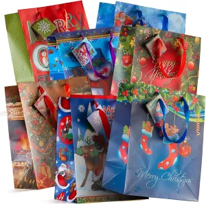 PREXTEX 12 Pack Assorted 13 Inch Christmas Gift Bags Bulk - Large Christmas Paper Gift Bags with Tags in Assorted Bright Prints for Party Favors and Holiday Gifts - 10 x 13 x 6 Inches