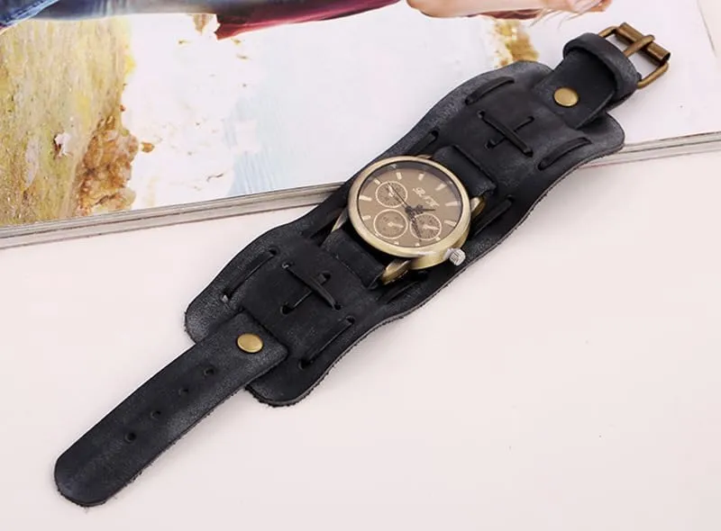 Punk Men's Watch Retro Do Old Style Braided Leather Bracelet Retro Hip Hop Wide Strap