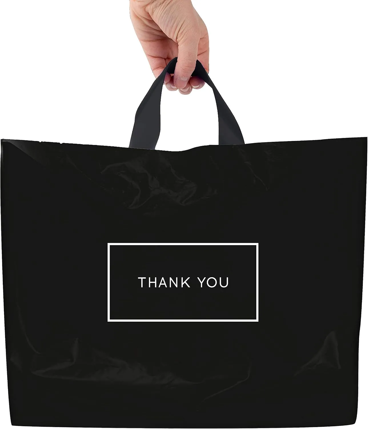 Purple Q Crafts Thank You Bags for Business Black Plastic Bags 50 Pack with Soft Loop Handle Thank You Shopping Bags