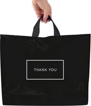 Purple Q Crafts Thank You Bags for Business Black Plastic Bags 50 Pack with Soft Loop Handle Thank You Shopping Bags