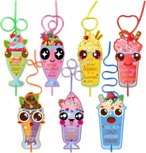 QLINLEAF 28 Pack Valentines Day Gift Cards with Colorful Loop Reusable Drinking Straws Valentine Classroom Gift Exchange Prizes