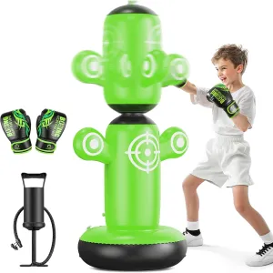 QPAU 360° Rotatable Punching Bag for Kids, Lager 64” Kids Boxing Bags with Gloves, Hand Pump & 6 Targets, Bop Bag Inflatable Punching Toy, Karate Gifts for Boys, Girls (Apple Green)
