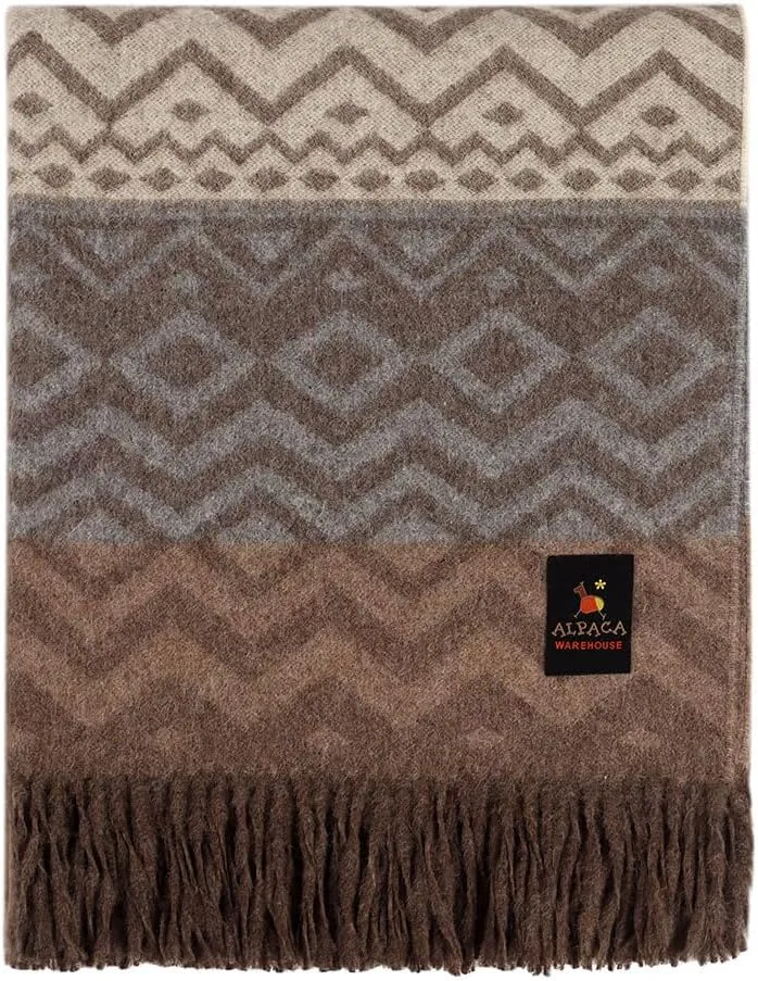Quechua Whispers - Premium Alpaca Wool Blend Throw Blanket Handwoven Luxuriously Soft Warm Geometric Design 72" x 60" (Taupe/Gray/Beige)
