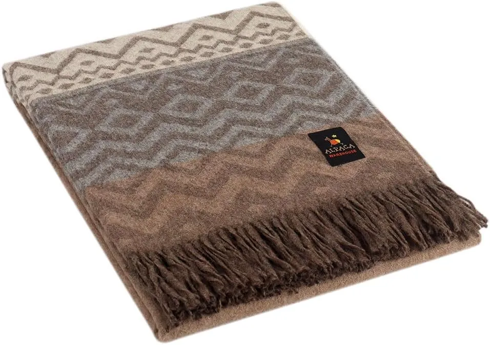 Quechua Whispers - Premium Alpaca Wool Blend Throw Blanket Handwoven Luxuriously Soft Warm Geometric Design 72" x 60" (Taupe/Gray/Beige)