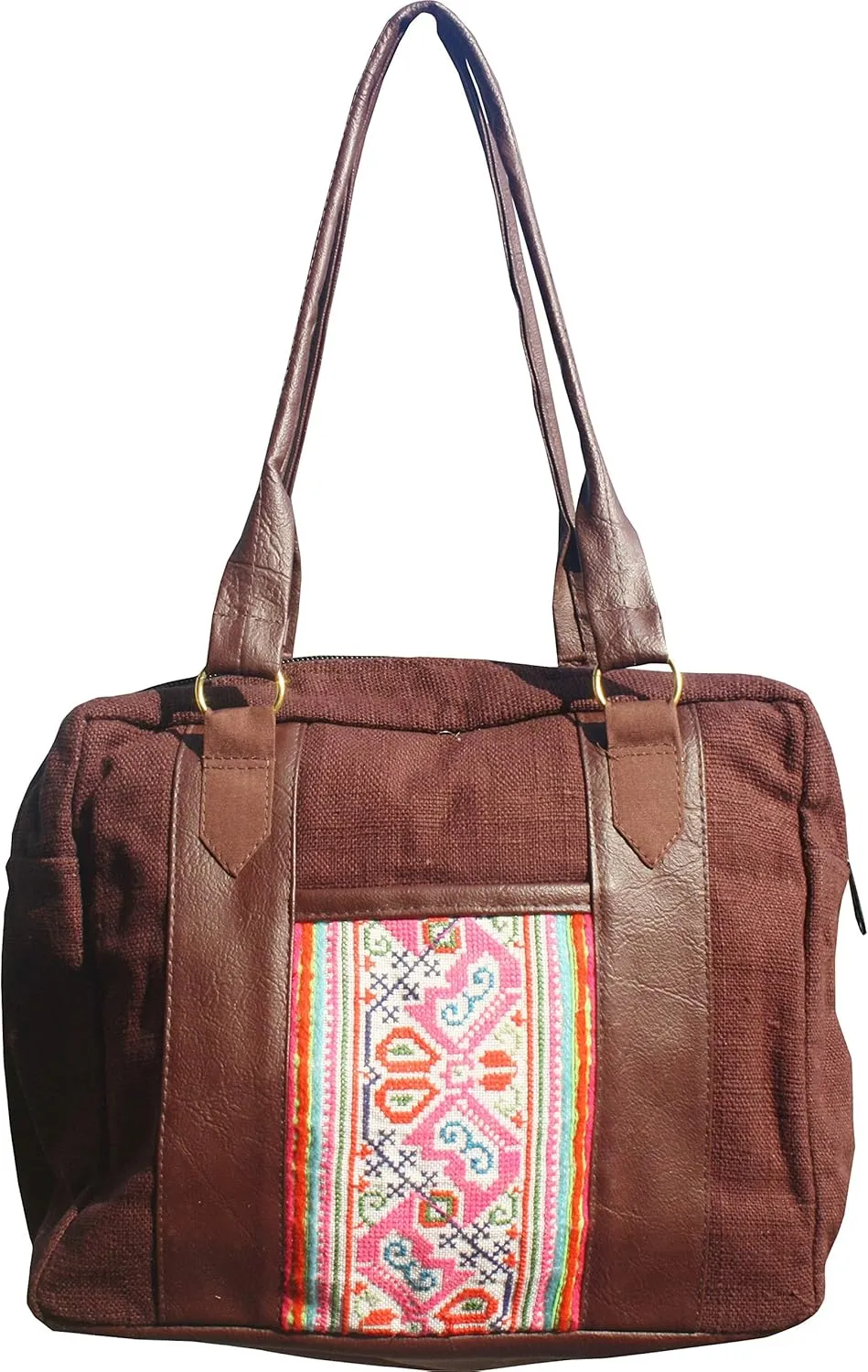 RaanPahMuang Thai Tribal Crafts Hmong Colorful Leather Hand Bags Tab Brown