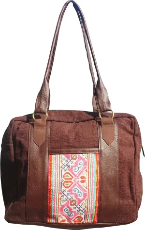 RaanPahMuang Thai Tribal Crafts Hmong Colorful Leather Hand Bags Tab Brown