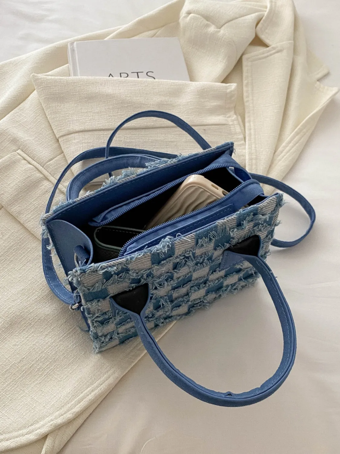 Raw Hem Checkered Denim Handbag | Durable PU Leather and Canvas Small Purse