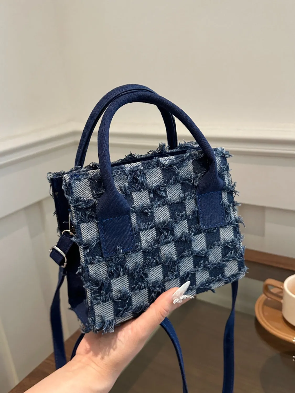 Raw Hem Checkered Denim Handbag | Durable PU Leather and Canvas Small Purse