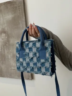 Raw Hem Checkered Denim Handbag | Durable PU Leather and Canvas Small Purse