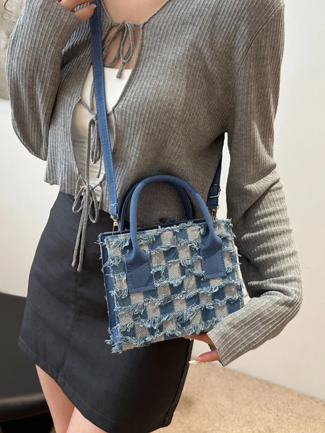 Raw Hem Checkered Denim Handbag | Durable PU Leather and Canvas Small Purse