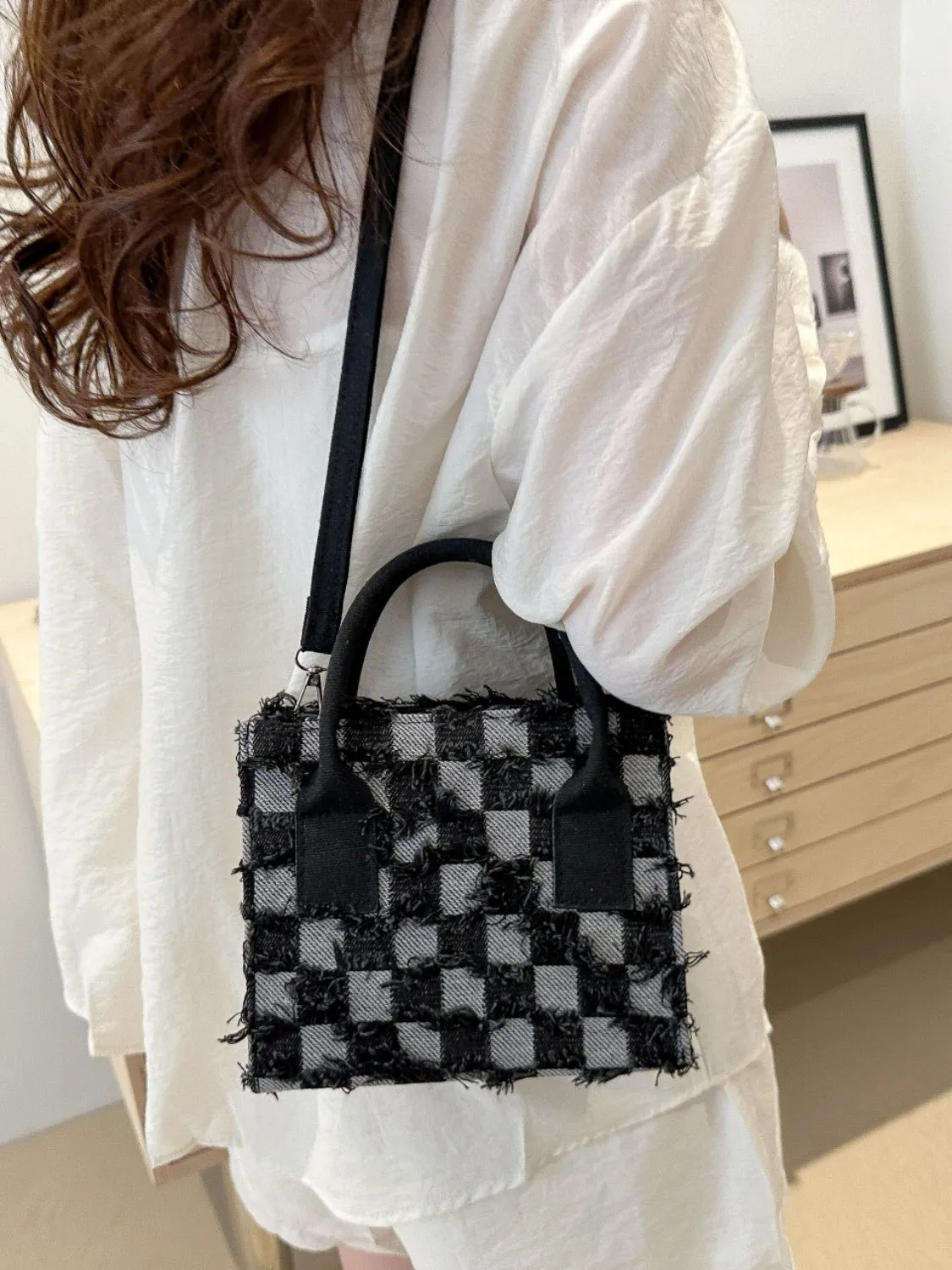 Raw Hem Checkered Denim Handbag | Durable PU Leather and Canvas Small Purse