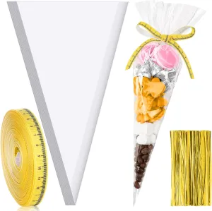 Reallnaive 200 Pcs Back to School Cone Cellophane Bags Pencil Cone Shaped Treat Bags with 2 Rolls Ribbon Triangle Plastic Clear Favor Supplies Decorations for Party Snacks Bakery Chocolate Biscuit