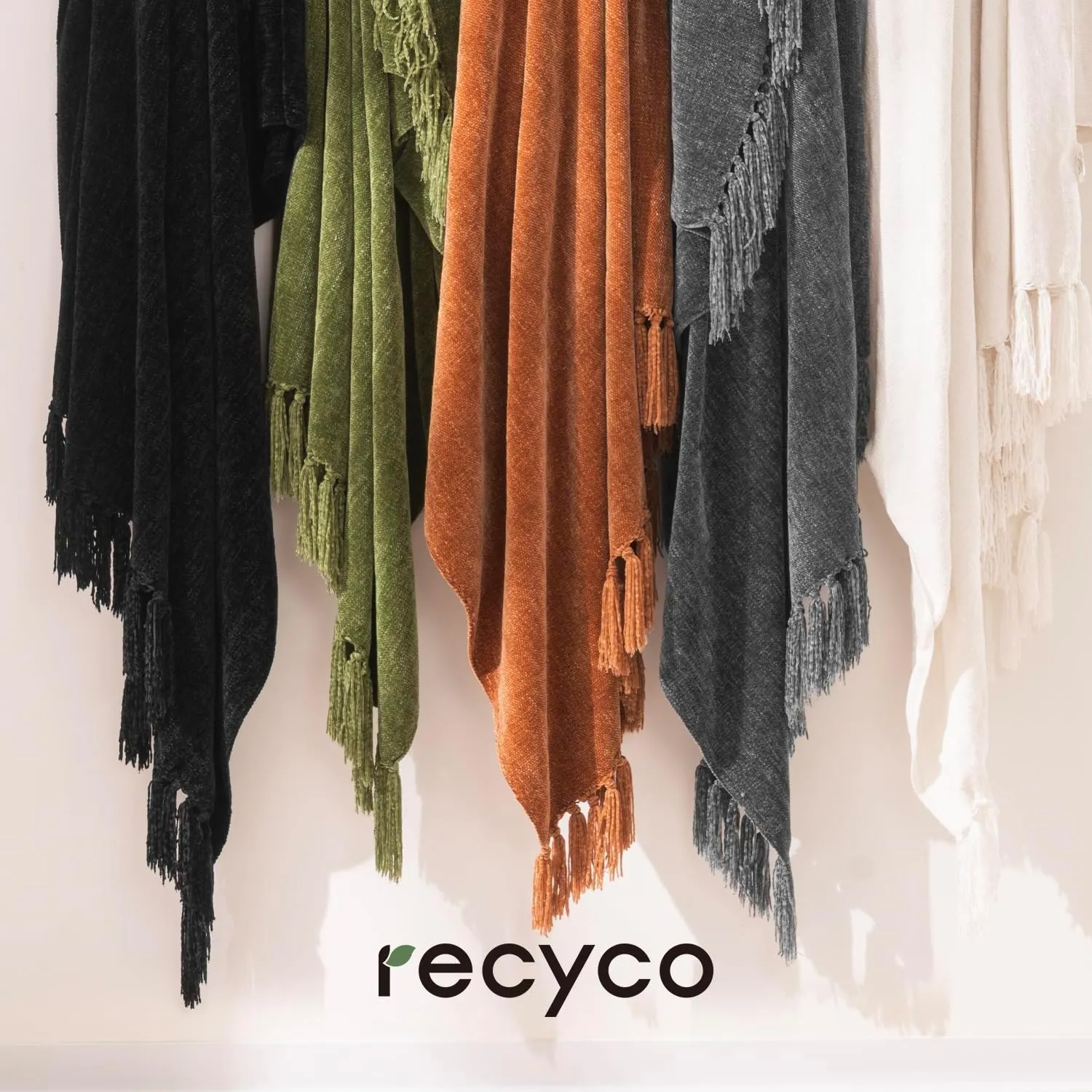 RECYCO Throw Blanket Soft Cozy Chenille Throw Blanket with Fringe Tassel for Couch Sofa Chair Bed Living Room Gift (Black, 60" x 80")
