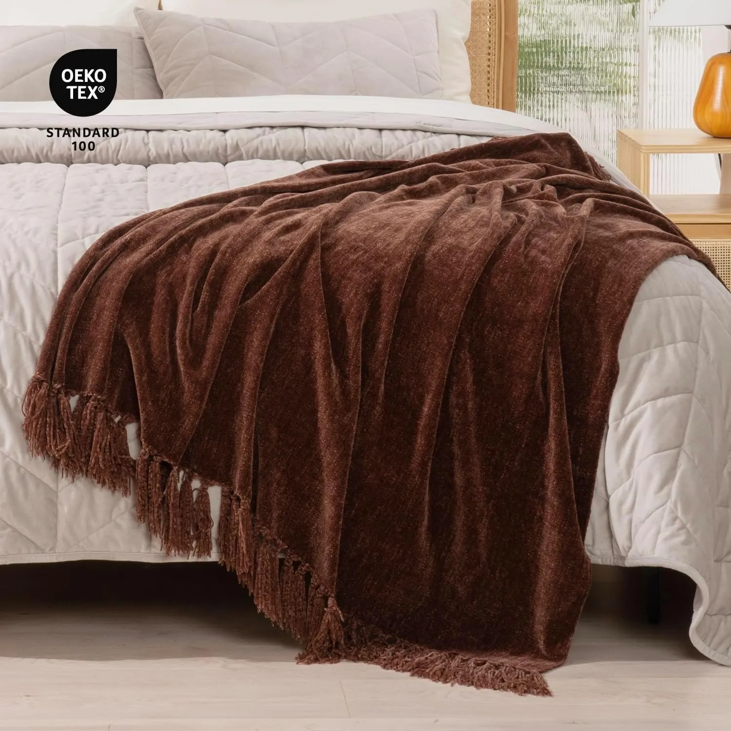 RECYCO Throw Blanket Soft Cozy Chenille Throw Blanket with Fringe Tassel for Couch Sofa Chair Bed Living Room Gift (Brown, 60'' x 80'')