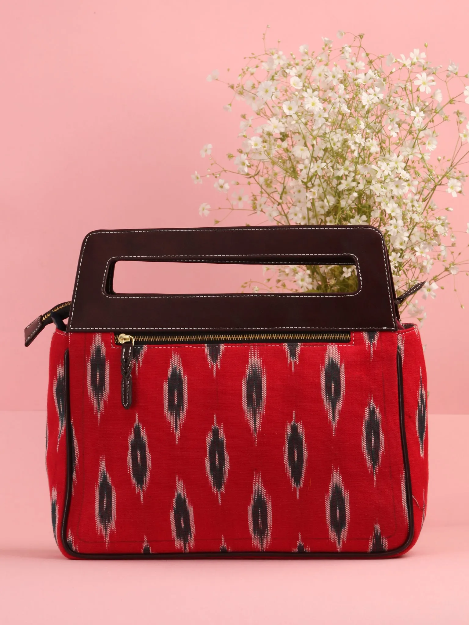 Red Ikat Baguette Bag with Vegan Leather Top Handles - B0904