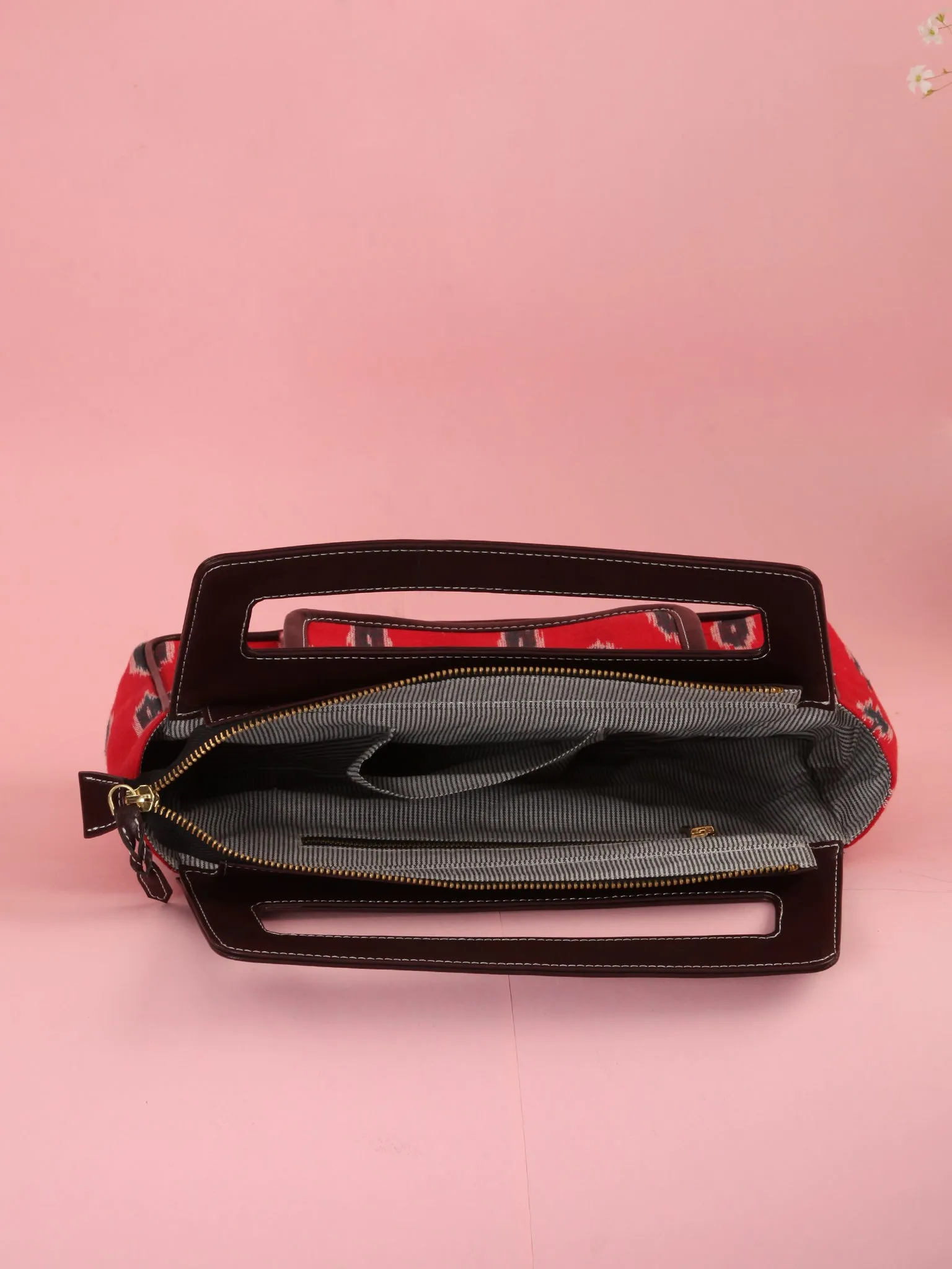 Red Ikat Baguette Bag with Vegan Leather Top Handles - B0904