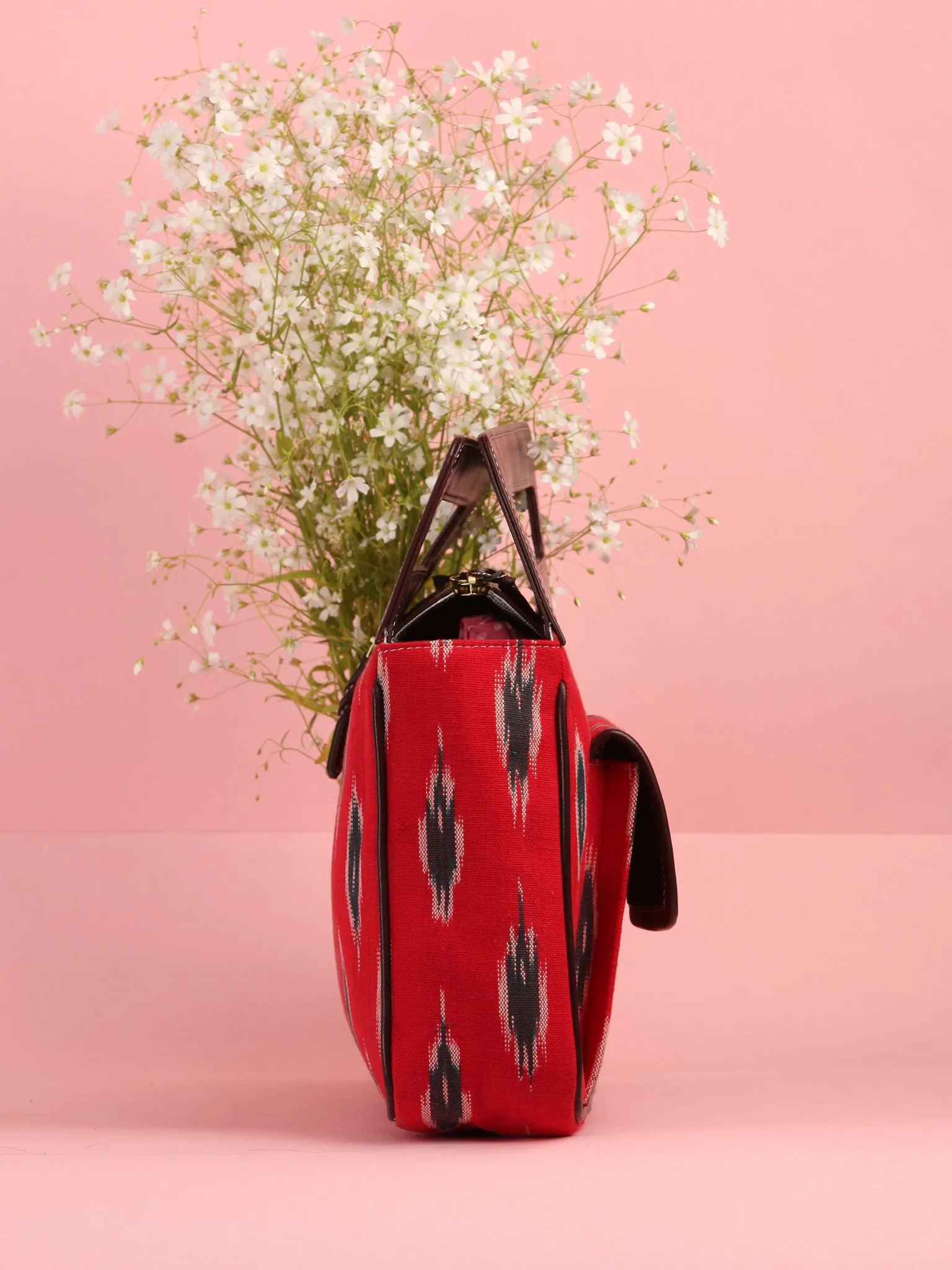 Red Ikat Baguette Bag with Vegan Leather Top Handles - B0904
