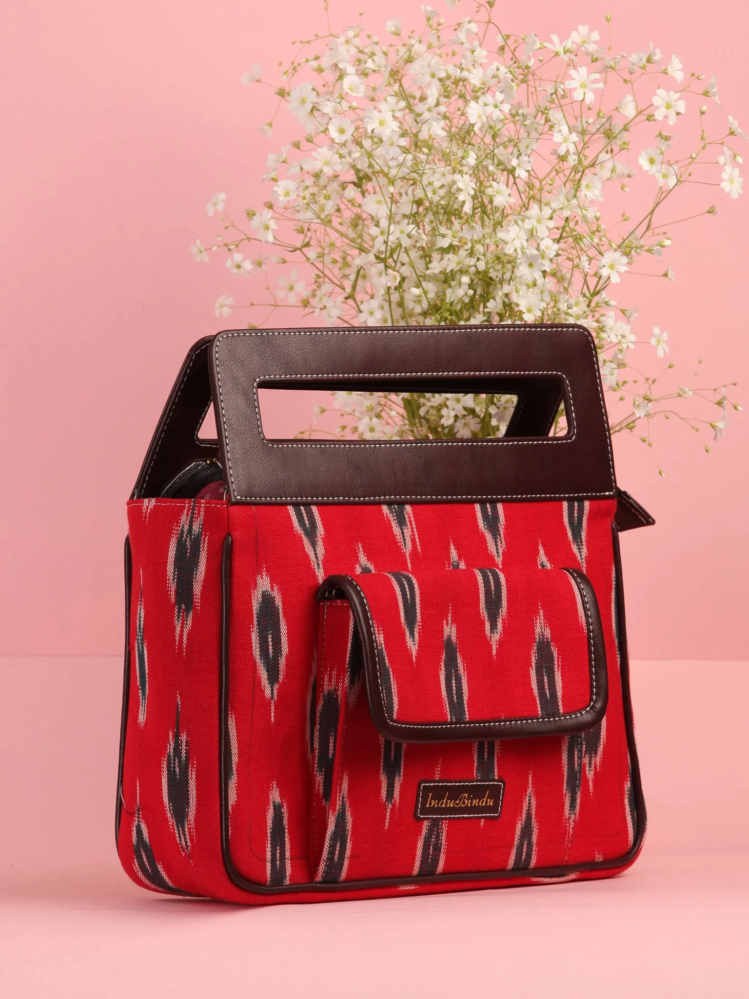 Red Ikat Baguette Bag with Vegan Leather Top Handles - B0904