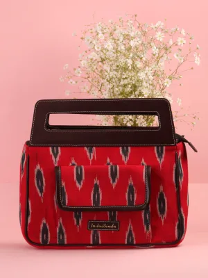 Red Ikat Baguette Bag with Vegan Leather Top Handles - B0904
