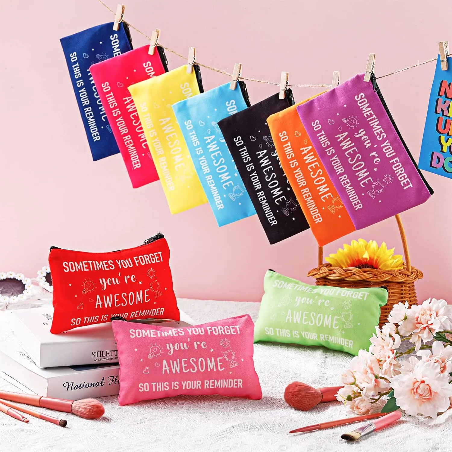Reginary 20 Pcs Canvas Cosmetic Bag Inspirational Quotes Makeup Bags with Zipper Encouragement Travel Toiletry Pouch Appreciation Gift for Women,7 x 4.3 Inch (Pastel Color,You Are Awesome)