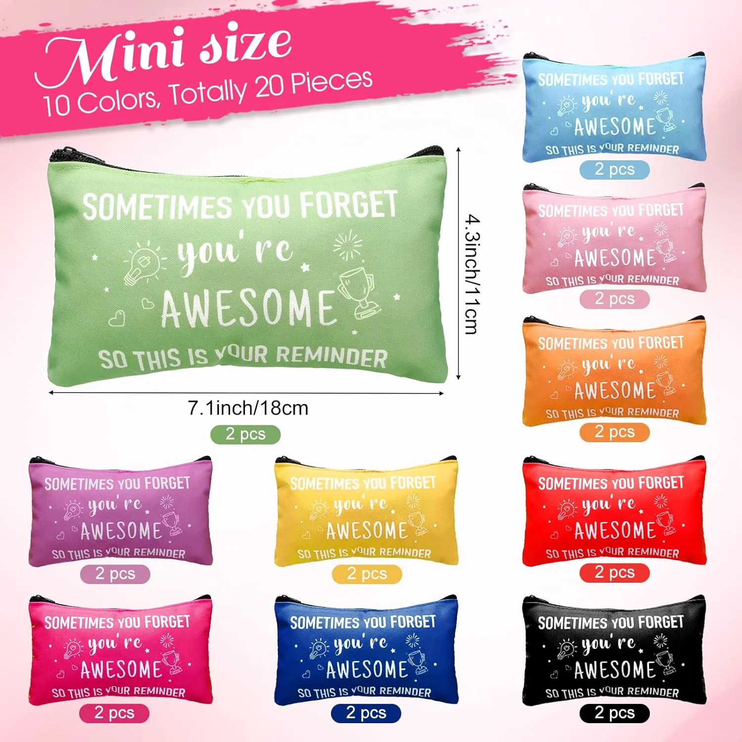 Reginary 20 Pcs Canvas Cosmetic Bag Inspirational Quotes Makeup Bags with Zipper Encouragement Travel Toiletry Pouch Appreciation Gift for Women,7 x 4.3 Inch (Pastel Color,You Are Awesome)