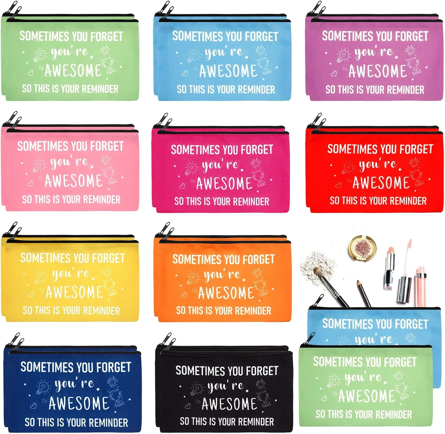 Reginary 20 Pcs Canvas Cosmetic Bag Inspirational Quotes Makeup Bags with Zipper Encouragement Travel Toiletry Pouch Appreciation Gift for Women,7 x 4.3 Inch (Pastel Color,You Are Awesome)
