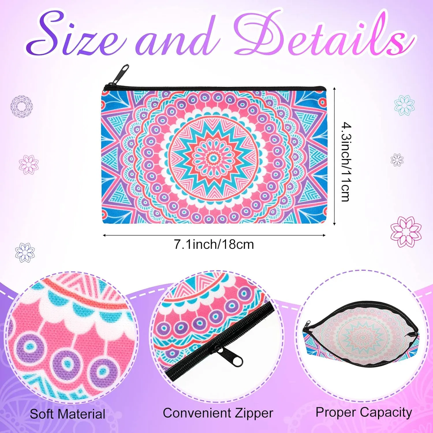 Reginary 20 Pieces Cosmetic Bag for Women, Roomy Makeup Bags with Zipper Toiletry Bag Pouch Travel Packing Accessory Organizer Gifts, 7 x 4.3 Inches (Mandala)