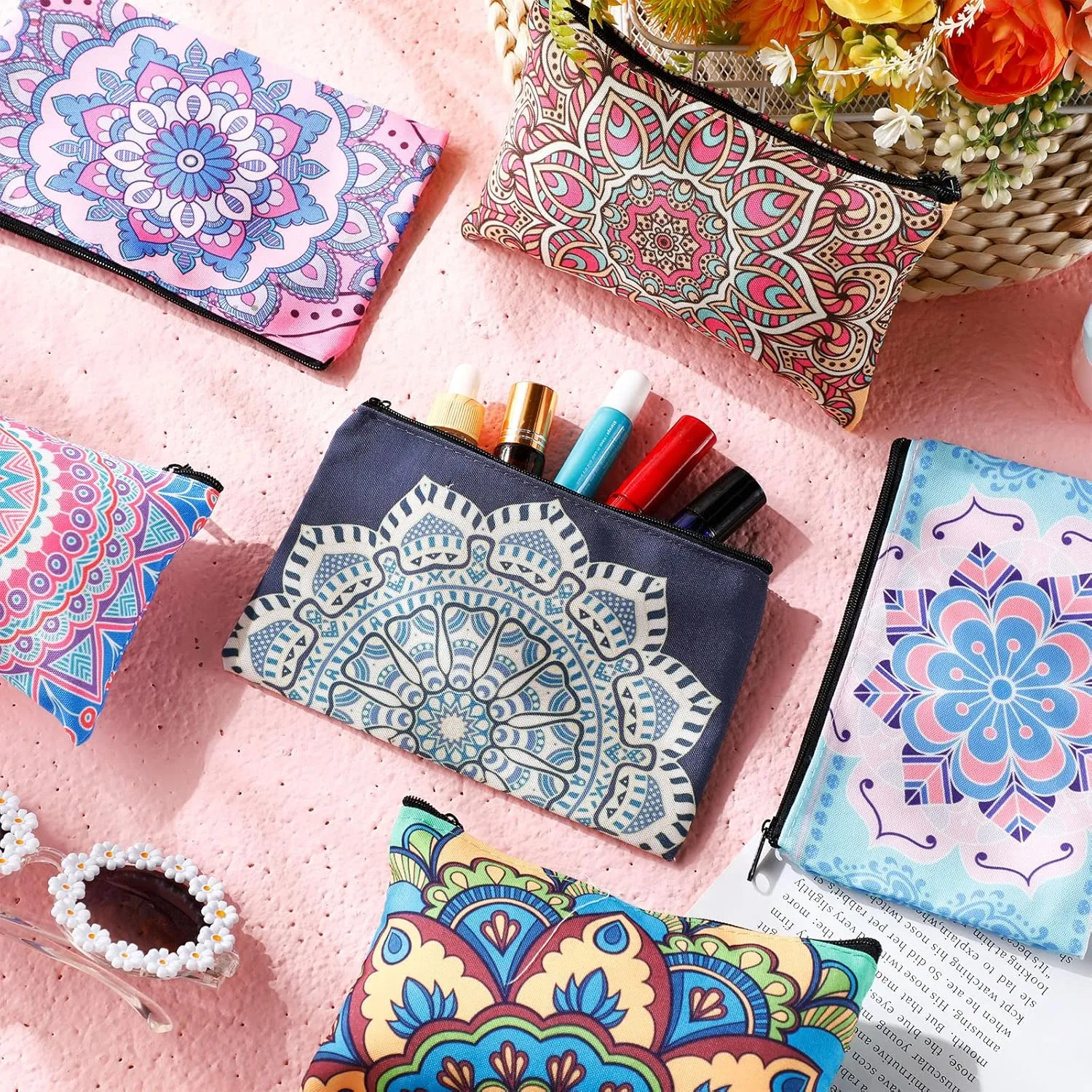 Reginary 20 Pieces Cosmetic Bag for Women, Roomy Makeup Bags with Zipper Toiletry Bag Pouch Travel Packing Accessory Organizer Gifts, 7 x 4.3 Inches (Mandala)
