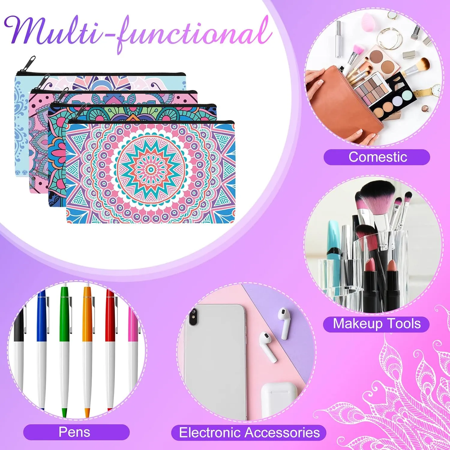 Reginary 20 Pieces Cosmetic Bag for Women, Roomy Makeup Bags with Zipper Toiletry Bag Pouch Travel Packing Accessory Organizer Gifts, 7 x 4.3 Inches (Mandala)