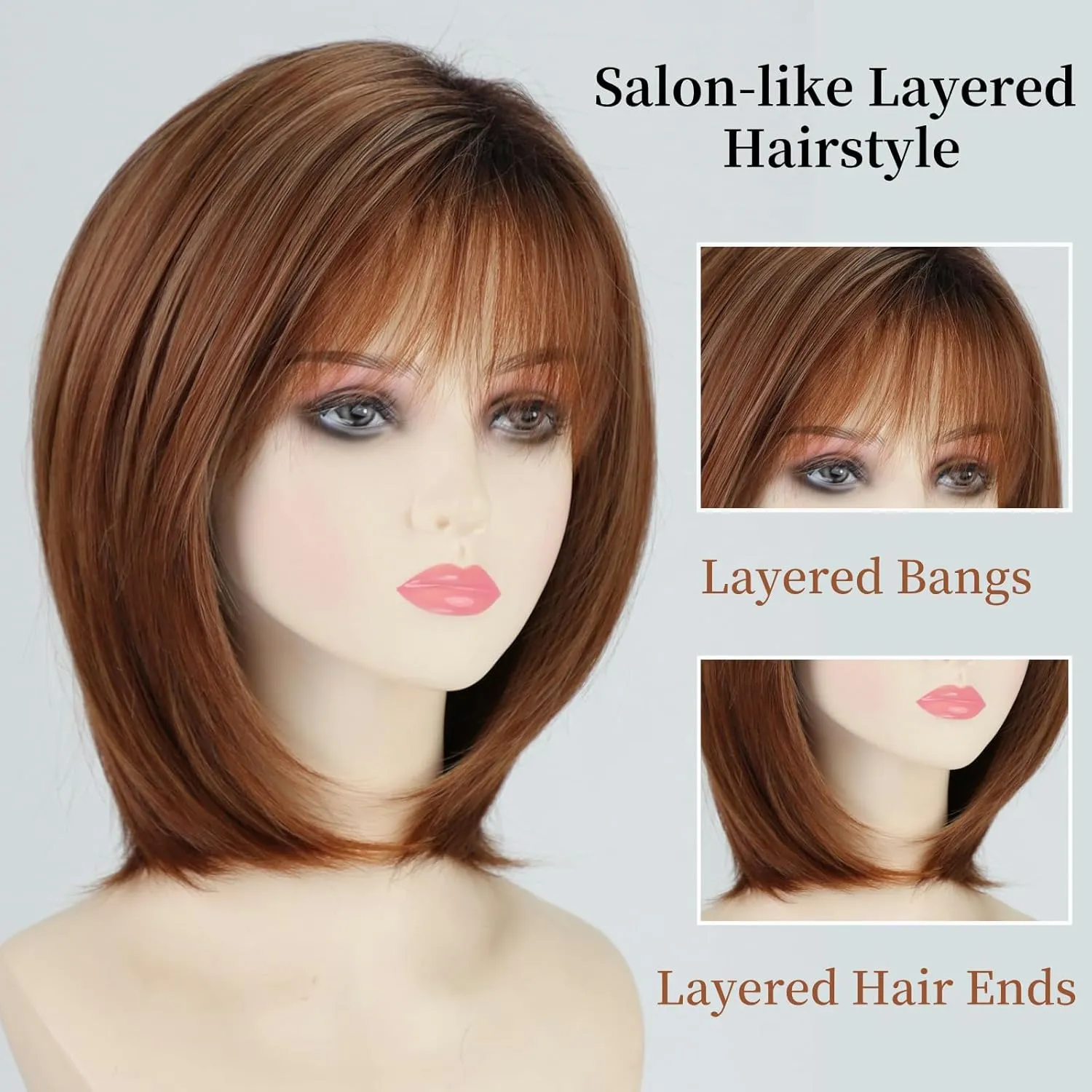 RENERSHOW Wigs for White Women Mid-length Auburn Layered Bob Wig with Bangs Straight Heat Synthetic 12inch Mix Auburn Highlight Average Size Daily To Party Wig