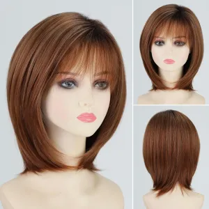 RENERSHOW Wigs for White Women Mid-length Auburn Layered Bob Wig with Bangs Straight Heat Synthetic 12inch Mix Auburn Highlight Average Size Daily To Party Wig