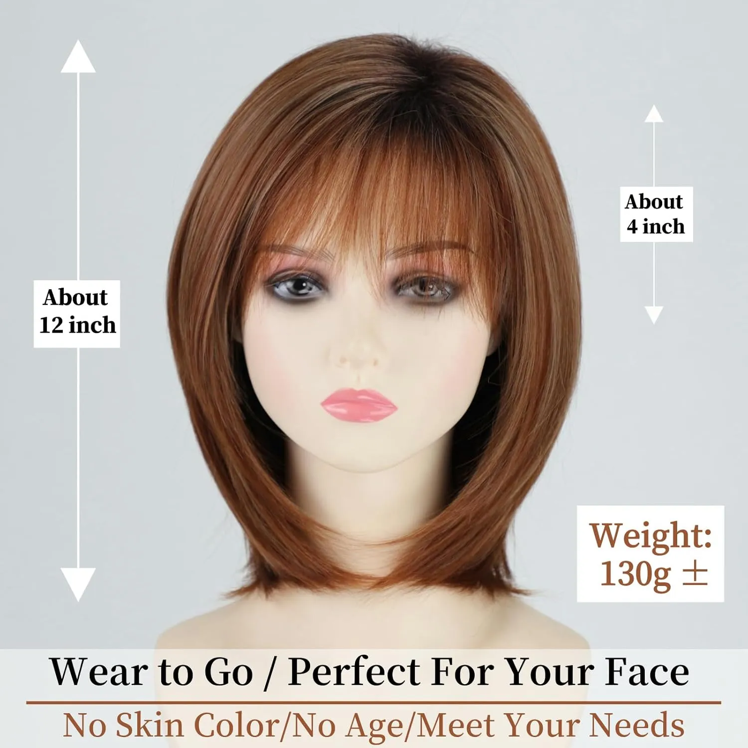 RENERSHOW Wigs for White Women Mid-length Auburn Layered Bob Wig with Bangs Straight Heat Synthetic 12inch Mix Auburn Highlight Average Size Daily To Party Wig