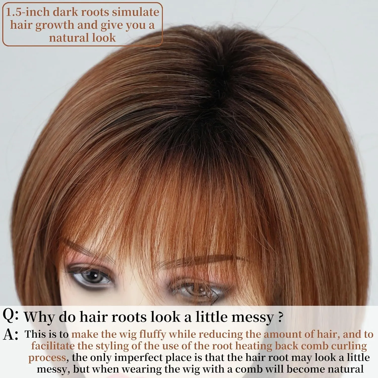 RENERSHOW Wigs for White Women Mid-length Auburn Layered Bob Wig with Bangs Straight Heat Synthetic 12inch Mix Auburn Highlight Average Size Daily To Party Wig