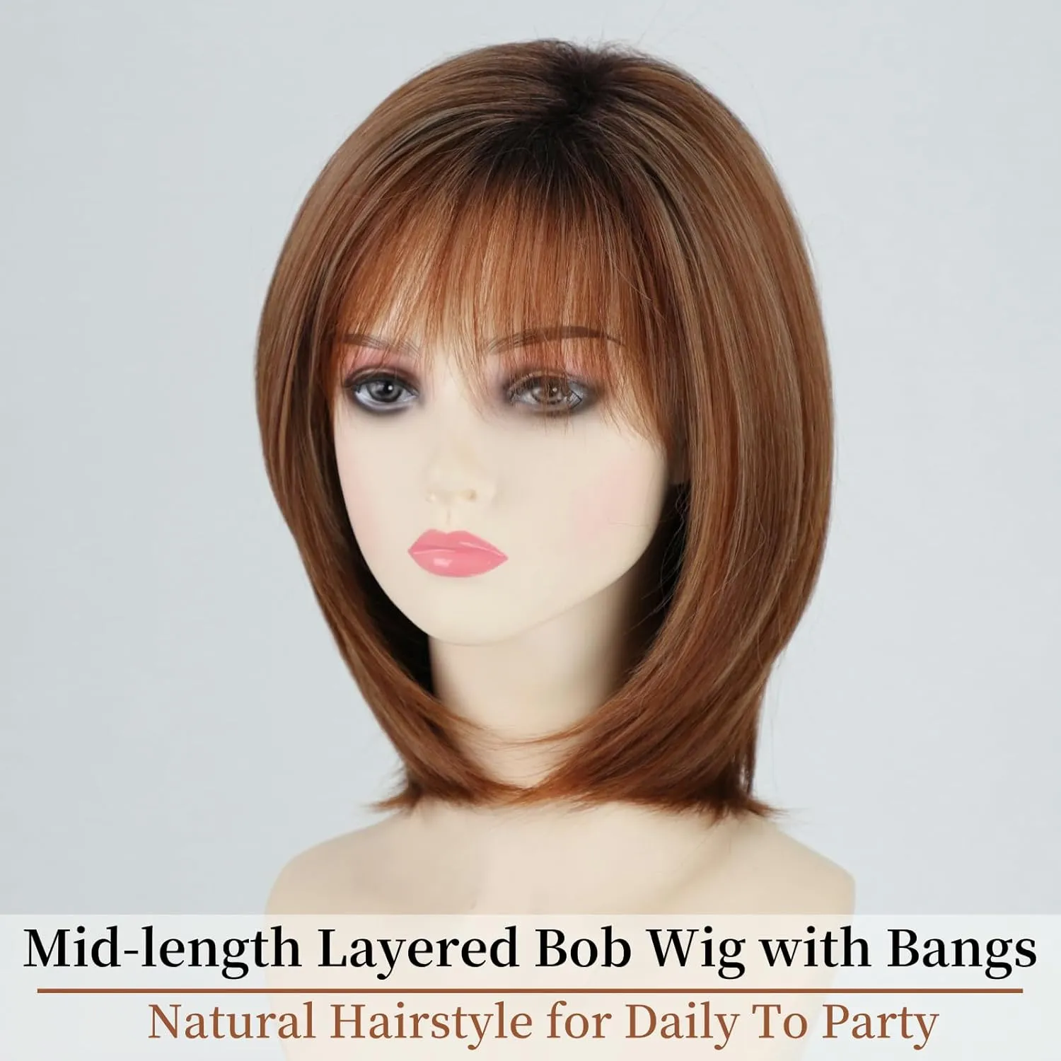 RENERSHOW Wigs for White Women Mid-length Auburn Layered Bob Wig with Bangs Straight Heat Synthetic 12inch Mix Auburn Highlight Average Size Daily To Party Wig
