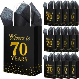 Resholder 20 Pcs Cheers to 70 Years Gift Bags with Handle 70th Birthday Gift Bag Party Favors with Tissue Paper Black and Gold for Goodie Treat Presents Birthday Anniversary Wedding Supplies