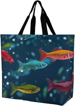 Reusable Grocery Bags Underwater Colorful Minnows Shopping Bag Lightweight Shoulder Bags Large Tote Bag for Travel Work Handbag