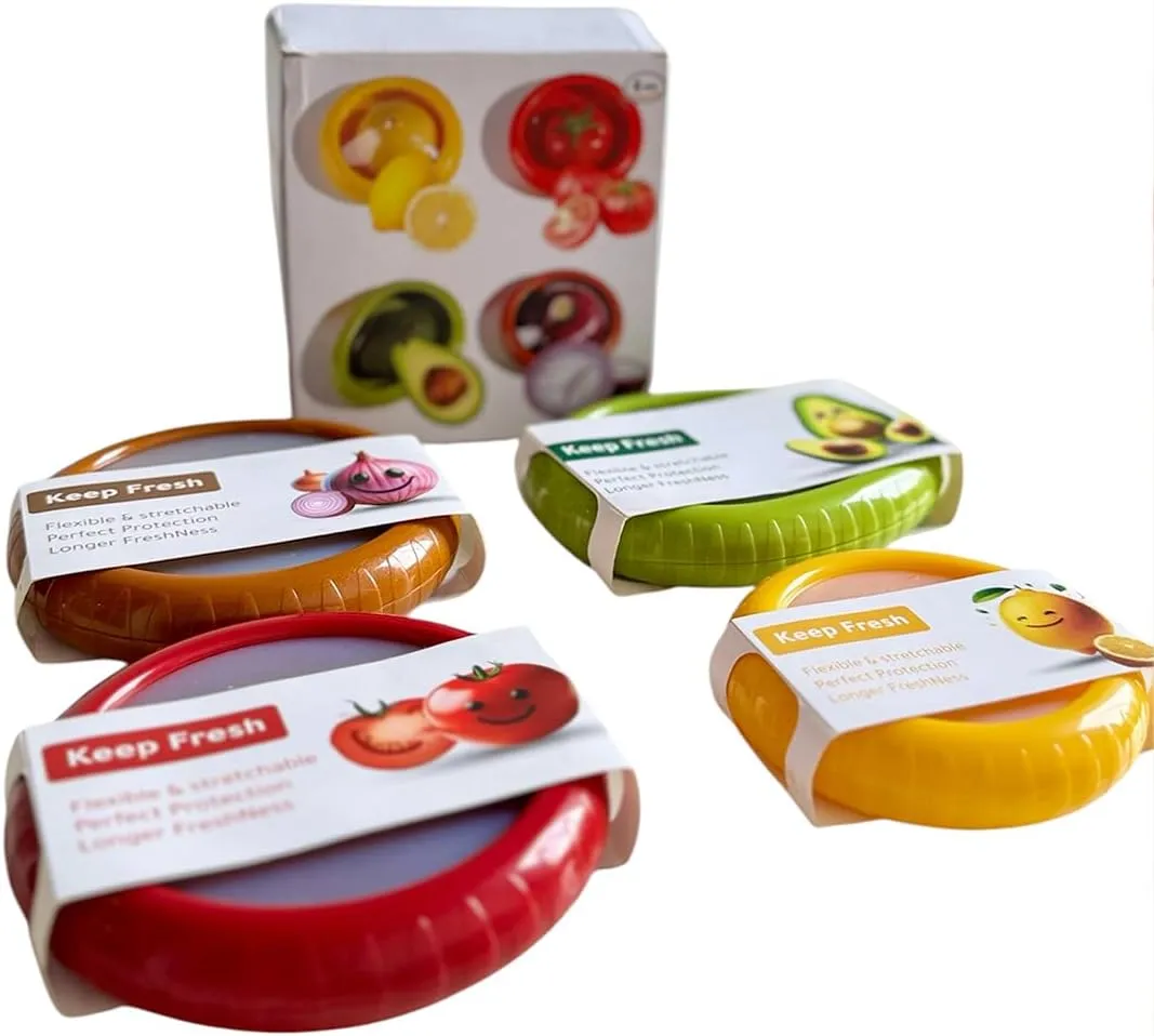 Reusable Silicone Food Savers – 4PCS BPA-Free Fridge Storage Pods for Avocado, Lemon, Onion & Tomato – Eco-Friendly Fruit & Vegetable Keepers for Freshness & Waste Reduction