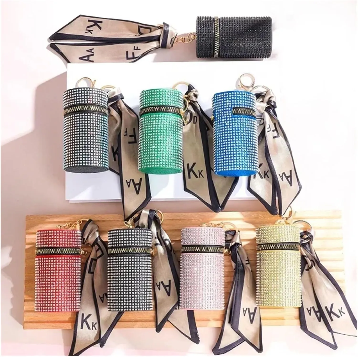 Rhinestone Bags Cylindrical Mini Rhinestone Lipstick Bag with Silk Scarf Keychain Women Portable Zipper Coin Purse Coin Bag(Gold)