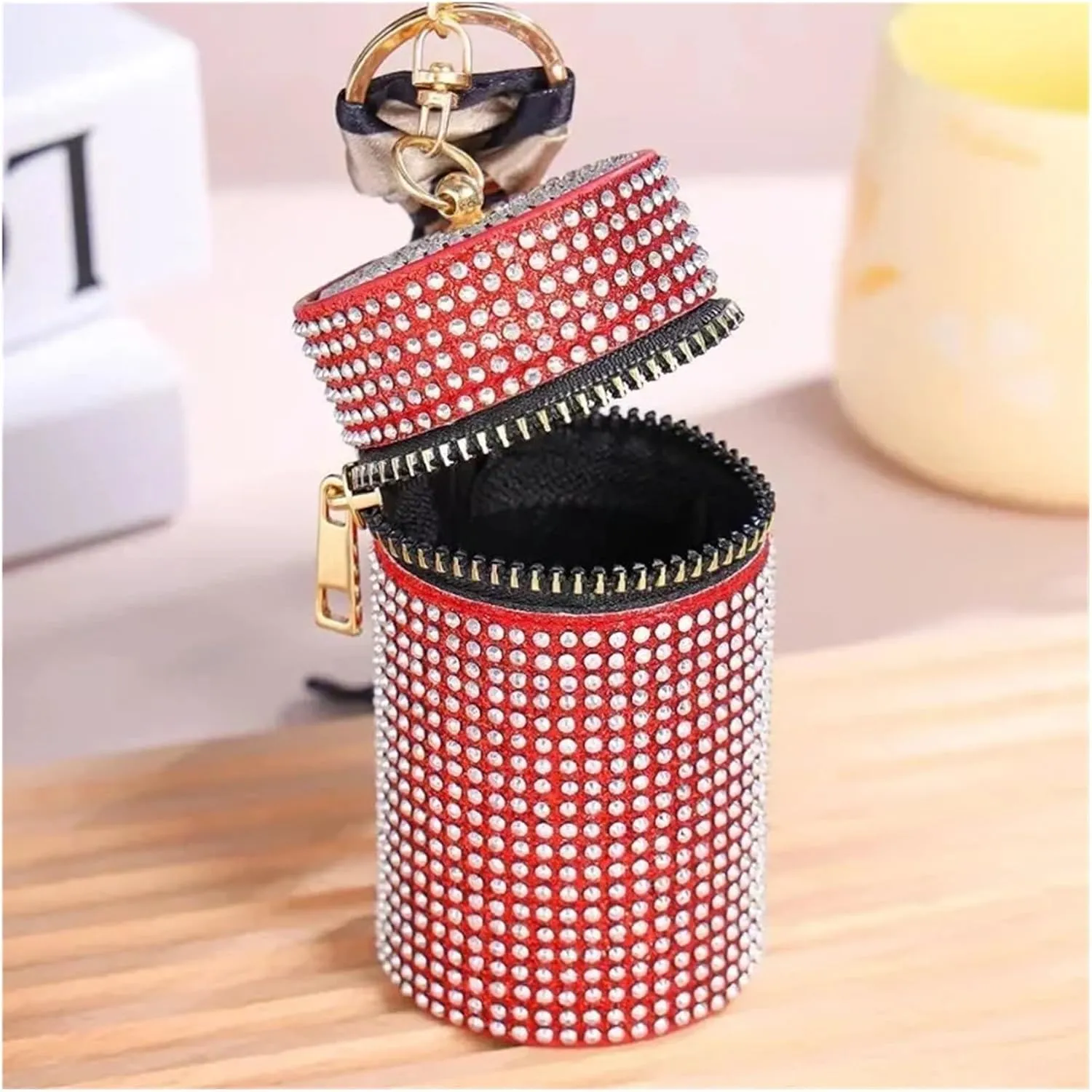 Rhinestone Bags Cylindrical Mini Rhinestone Lipstick Bag with Silk Scarf Keychain Women Portable Zipper Coin Purse Coin Bag(Gold)