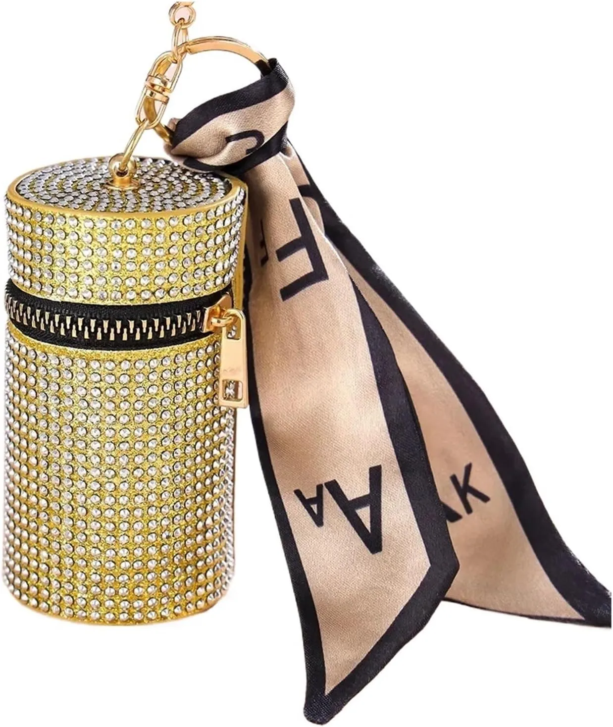 Rhinestone Bags Cylindrical Mini Rhinestone Lipstick Bag with Silk Scarf Keychain Women Portable Zipper Coin Purse Coin Bag(Gold)