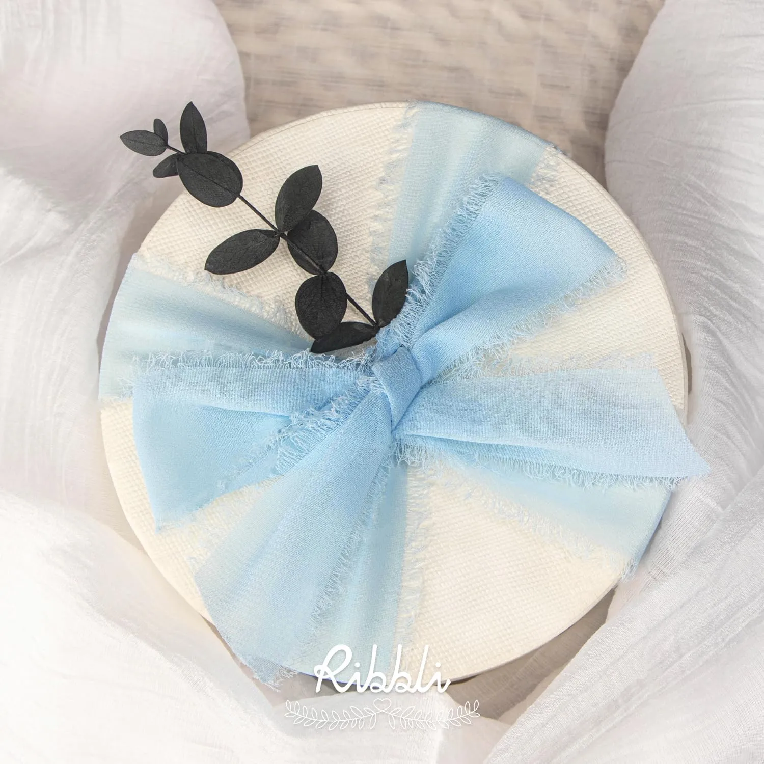 Ribbli Baby Blue Chiffon Ribbon 1-1/2 inch x 20 Yard Handmade Fringe Chiffon Silk Ribbon, Light Blue Ribbon for Wedding Invitations, Bridal Bouquets Wrapping, Flower Arrangement Decoration