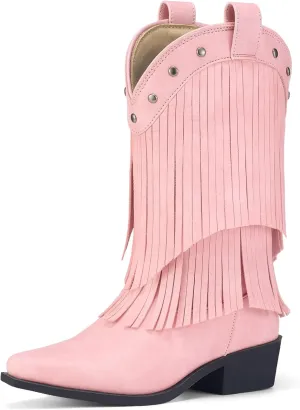Rollda Girls Cowboy Boots with Tassel, Fringe Cowgirl Boots, Snip Toe, TPR Outsole, Kids Western Boots Stylish & Comfortable for All-Seasons, Toddler/Little Kid/Big Kid