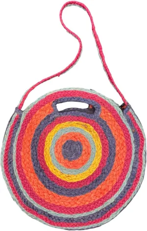 Round Braided Jute Crossbody Bag, Multicolor Rainbow Design, Handwoven