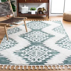 SAFAVIEH Moroccan Tassel Shag Collection Area Rug - 9' x 12', Green & Ivory, Boho Design, Non-Shedding & Easy Care, 2-inch Thick Ideal for High Traffic Areas in Living Room, Bedroom (MTS652Y)