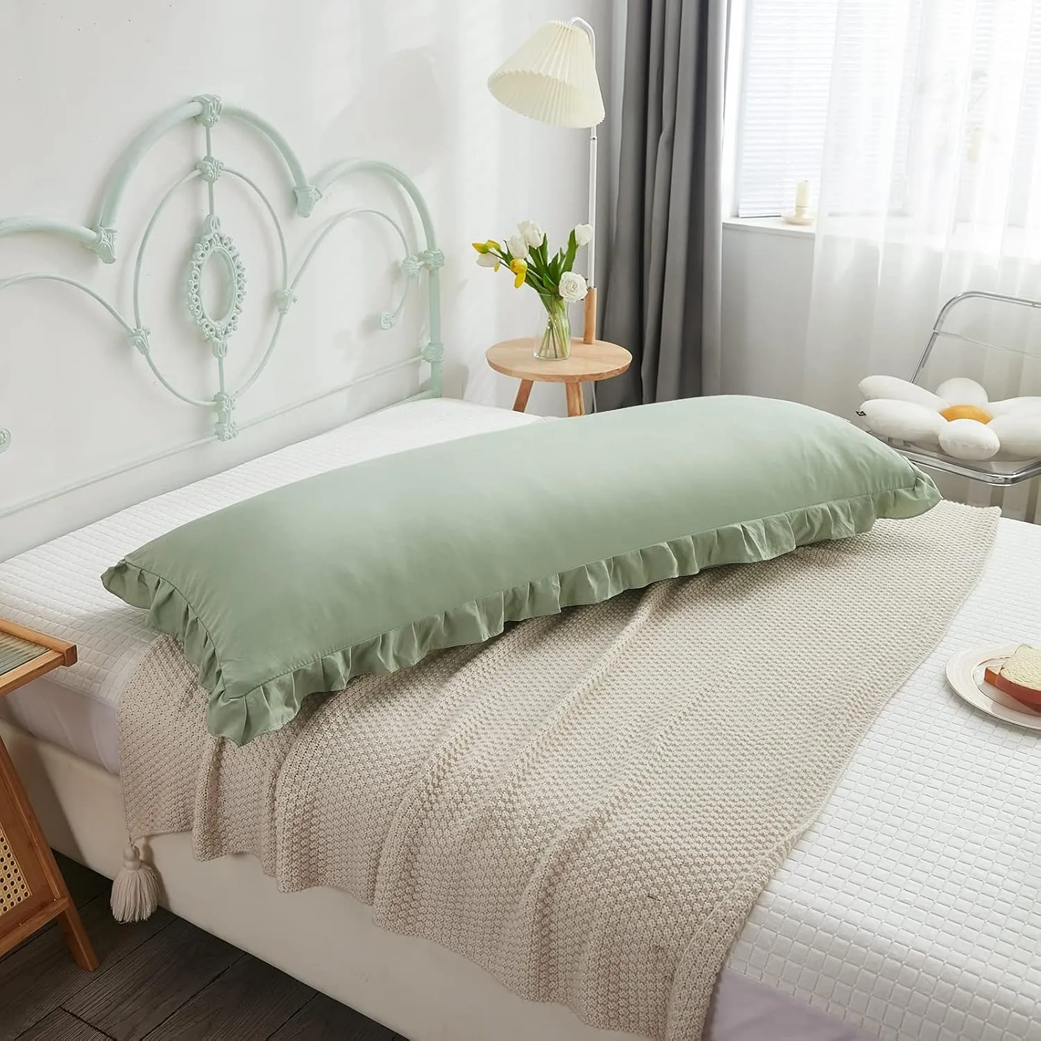 Sage Green Body Pillow Cover 20x54inches Long Pillowcase Ruffled Pillowcases Shabby Chic Ruffled Fringe Decor Body Ruffled Pillow Sham Cute Pillowcase (1 Body, Sea Green)
