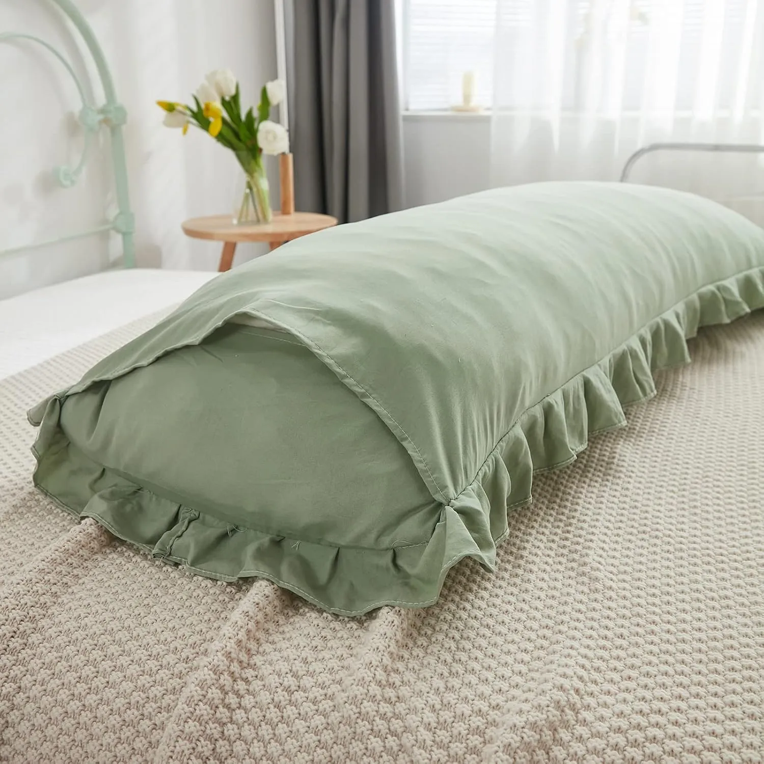 Sage Green Body Pillow Cover 20x54inches Long Pillowcase Ruffled Pillowcases Shabby Chic Ruffled Fringe Decor Body Ruffled Pillow Sham Cute Pillowcase (1 Body, Sea Green)