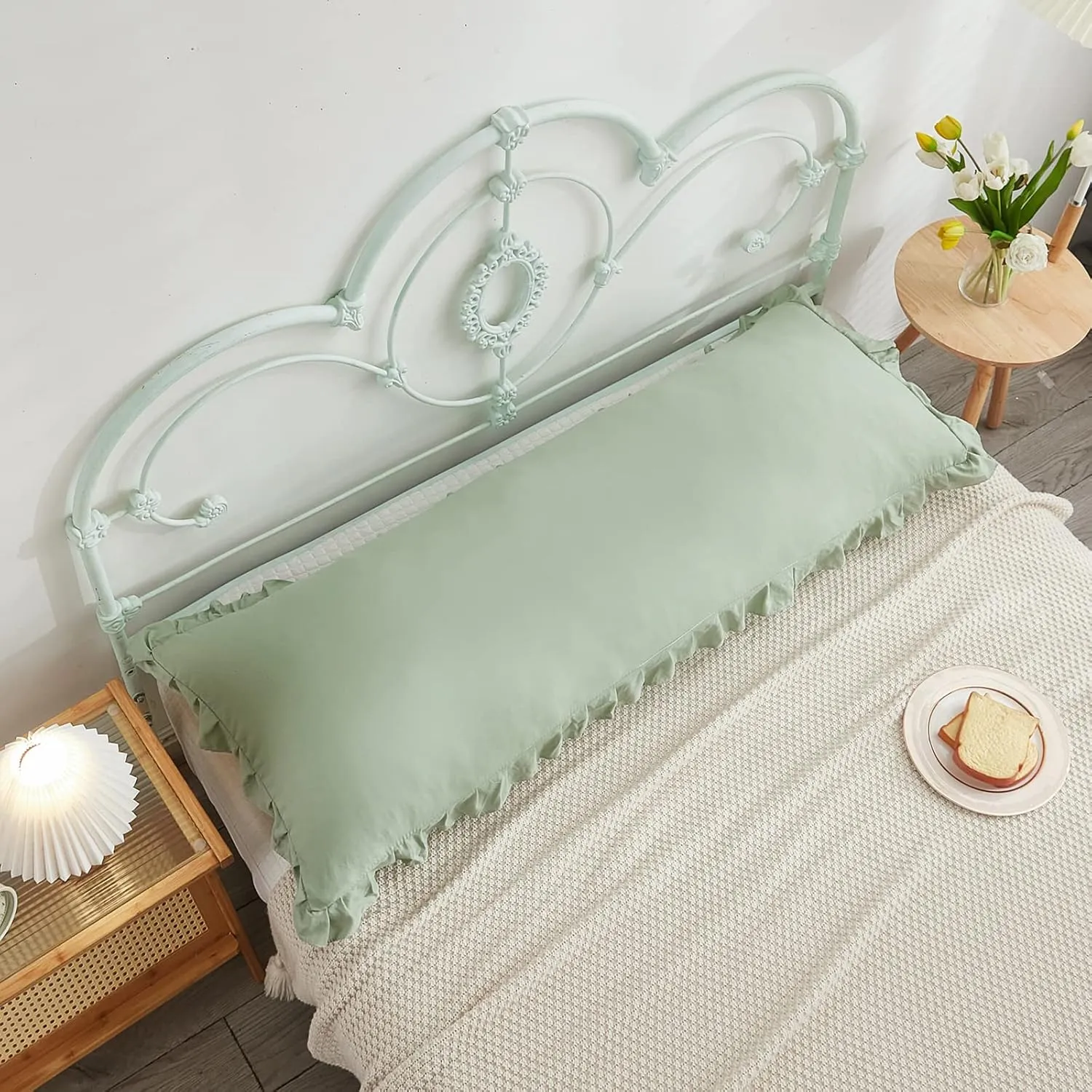 Sage Green Body Pillow Cover 20x54inches Long Pillowcase Ruffled Pillowcases Shabby Chic Ruffled Fringe Decor Body Ruffled Pillow Sham Cute Pillowcase (1 Body, Sea Green)
